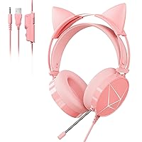 Pink Gaming Headset with Microphone, Cat Ear Headphones with 50mm Drivers Surround Sound, Over-Ear Gaming Headphones with LED Light, Compatible with PC, PS4, PS5, Xbox One, Switch, Laptop, Cellphone
