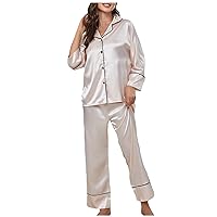 Satin Pajamas for Women 2Pcs Sets Long Sleeve Pajama Sets Button Down T-Shirts and Pants Soft Fashion Sleepwear Set