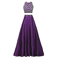 Women's Two Pieces Crystals Beaded Evening Gowns Satin Prom Dresses