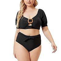 Plus Size Swimwear for Women Two Piece Piece Suit Buckle On The Chest Sleeve Swimwear Fashion Sexy Swimsuit