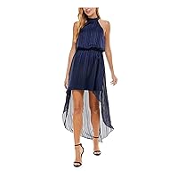 Womens Navy Sheer Metallic Hi-Low Halter Keyhole-Back Sleeveless Mock Neck Maxi Party Blouson Dress Juniors XL