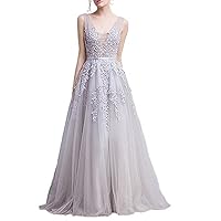 Women's Double V-Neck Tulle Appliques Long Evening Cocktail Gowns