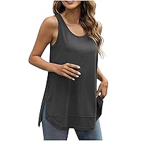 Womens Casual Tank Tops Crewneck Sleeveless Summer Tops Loose Fit Basic Shirts Side Split Tunic Top Plain Tee Blouses