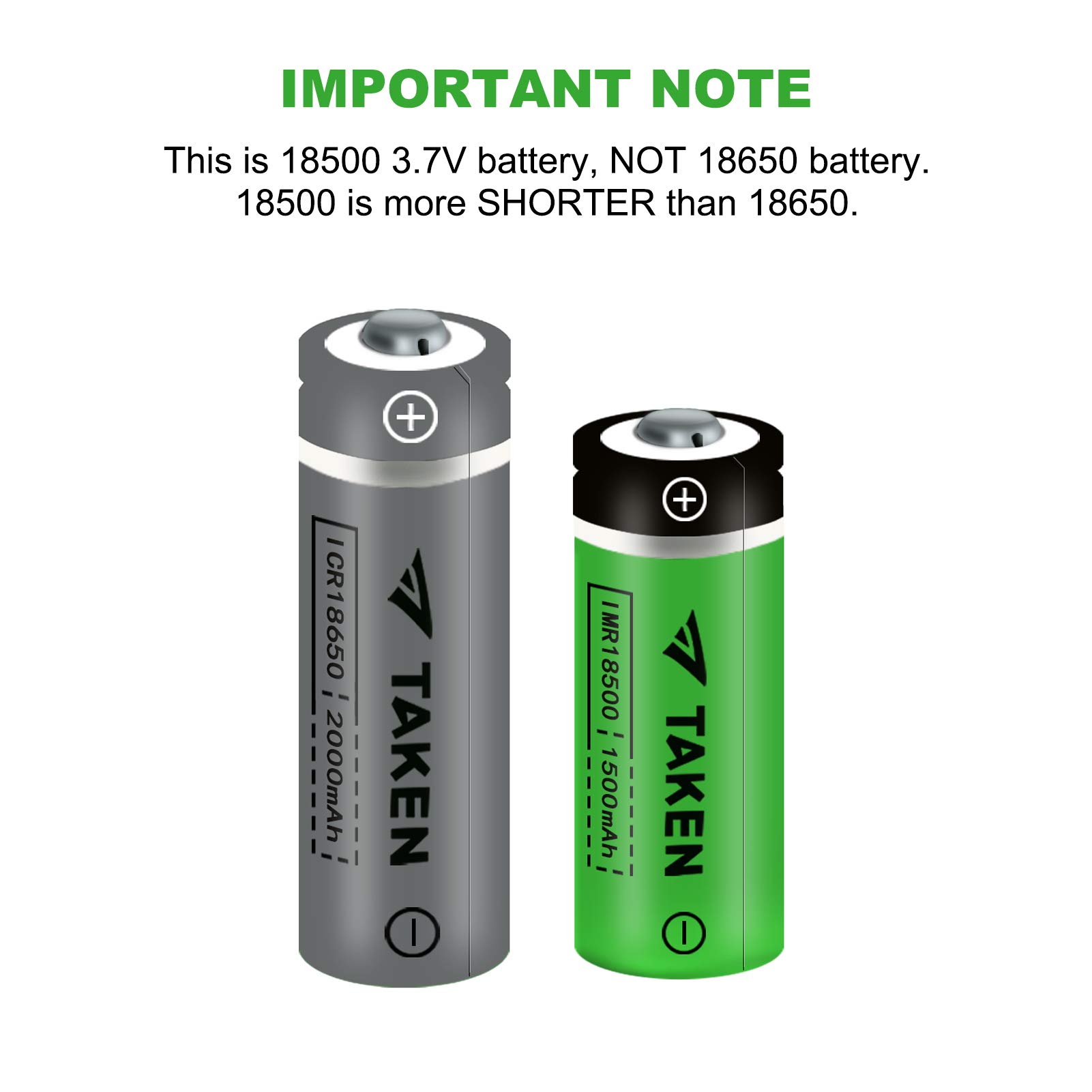 Taken 18500 Rechargeable Batteries, IMR 18500 1500mAh 3.7V Li-ion Rechargeable Battery with Button Top - 12 Pack