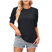 Women's Summer Eyelet Tops Dressy Casual Blouses Loose Fit Puff Sleeve Cute Tunic Solid Elegant Crewneck Tee Top
