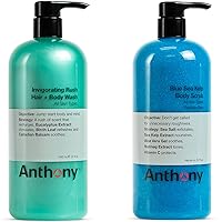 Anthony Invigorating Rush Hair and Body Wash, 32 Fl Oz and Anthony Blue Sea Kelp Body Scrub, 32 Fl Oz