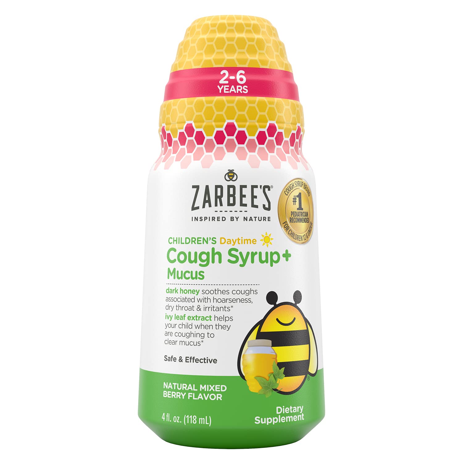 Zarbee's Kids Cough + Mucus Daytime for Children 2-6 with Dark Honey, Ivy Leaf, Zinc & Elderberry, 1 Pediatrician Recommended, Drug & Alcohol-Free, Mixed Berry Flavor, 4FL Oz