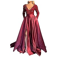 Womens Deep V Neck Party Maxi Dress Long Sleeve Patchwork Sequin High Slit Evening Dresses Sparkly Elegant Prom Dress