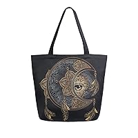 ALAZA Boho Chic Golden Crescent Moon & Sun Mandala Large Canvas Tote Bag Shopping Shoulder Handbag with Small Zippered Pocket