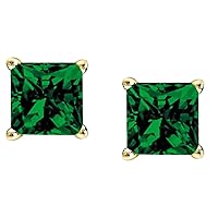 14K Yellow Gold Plated Green CZ Ear Studs Princesss Shape Solitaire Earrings For Women (3.00 Ct)