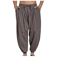 Men's Wide Leg Tapered Pants Elastic Waist Harem Pants Solid Loose Beach Pants with Pocket Drawstring Trousers