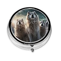 Wolf Tribe Print Round Pill Box Cute Mini Metal Pill Case with 3 Compartment Portable Travel Pillbox Medicine Organizer for Pocket Wallet