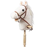 HollyHOME Outdoor Stick Horse with Wood Wheels Real Pony Neighing and Galloping Sounds Plush Toy White 36 Inches(AA Batteries Required)