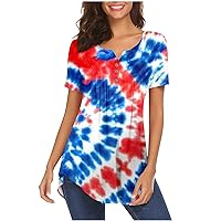 Women's Summer Tops Casual Fashion Short Sleeve V Neck T-Shirts Oversized American Flag Print Tops