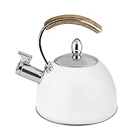 Pinky Up Presley Tea Kettle, Stovetop Stainless Steel Kettle, Whistling, Tea Accessory Gifts, Fast Boil Water Kettle, Wooden Handle, 70 Oz, White