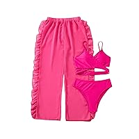Milumia Girl's 3 Piece Crisscross Swimsuits Spaghetti Strap High Waist Bikini Set with Beach Pants