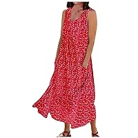 Dresses for Women 2024 Linen Maxi Dress Sleeveless Tank Dress U Neck Floral Boho Dress with Pocket Women Clothing