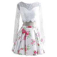 Women's Floral Print High Neck 2 Pieces Lace Homecoming Dresses 2019 Short Prom Party Gowns