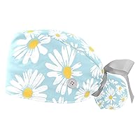 Little Daisy White Flowers Light Blue Working Cap with Button & Sweatband, 2 Packs Reusable Surgical Surgery Hats Ponytail Holder, Light Blue,white, Medium-3X-Large