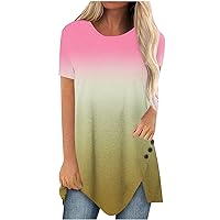 Women's Gradient Tunic Tops Hide Belly Crewneck Blouses Dressy Casual Short Sleeve Crewneck Oversized Tshirts Loose Fit Tees