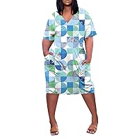 Summer Dresses for Women Printing Plus Size Round Neck Dresses Short Sleeve Casual Loose Beach Dress with Pockets