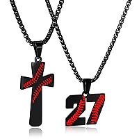 2PCS Baseball Necklace for Boys Baseball Number Pendant Necklace Stainless Steel Men Baseball Cross and Number Chain Set,I CAN DO ALL THINGS Strength Bible Verse Cross Necklace Sport Jewelry