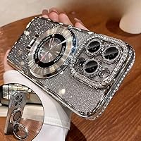 Magnetic Kickstand (Glitter Lens Protector ) Case for iPhone 15 14 13 12 Pro Max (Compatible with Magsafe ) Sparkling Diamond Cover Glitter Shiny Rhinestone Cases (Silver,for iPhone 15 Pro Max)