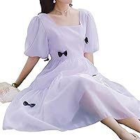 Lolita Gothic Dress Lolita Dress Square Neck Backless Summer Puff Sleeve Bow French Skirt (Color : Purple, Size : X-Large)