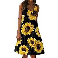 Floral Sundress Floral Dresses for Women 2024 Vintage Print Ruched Fashion Loose Fit with Sleeveless Round Neck Tunic Dress Yellow XX-Large