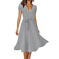 Summer Dresses for Women 2024 Floral Boho Dress Beach Casual Mid Length Dress Short Sleeve Elegant Flowy Midi Dress