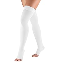 Truform 20-30 mmHg Compression Stockings for Men and Women, Thigh High Length, Dot-Top, Open Toe, White, Large