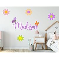 Flowers Custom Name Wall Decal - Daisy Wall Decal - Pastel Flowers and Butterflies Personalized Wall Decal - Flowers Girls Decor Stickers - Wall Decal for Home Nursery Bedroom Decoration