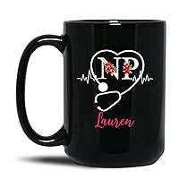 Personalized NP Coffee Mug with Name, Nurse Practitioner Gifts for Women, NP Stethoscope Tea Cup, Nursing Student Gifts for Graduation, NP Ceramic Cups, Custom Nurse Gifts, Black Mugs 11oz, 15oz