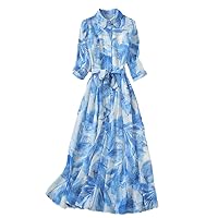 Blue Print Summer Shirt Dresses for Women Designer Midi Holiday Dresses Casual Three Quarter Sleeve Robes