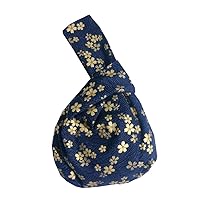 Cotton Fashion Art Japanese Kimono Pattern Wrist Bag Tote Handbag Knot Pouch Wallet Portable Purse for Women(Blue Cherry Blossom)