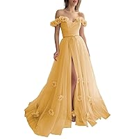 CWOAPO Off Shoulder Tulle Prom Dress Long 3D Flowers Ball Gowns with Slit A Line Wedding Dress for Women 2024