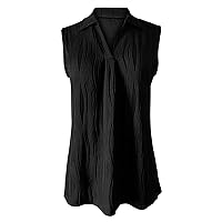 Women's Solid Color Round Neck Pleated Sleeveless Loose Chiffon Vest Fashionable Casual Top Layering Shirt