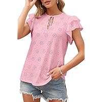 Women Summer Casual Top Ruffle Cap Sleeve Bow Tie Blouse Solid Loose Fit Tunic Eyelet Tops