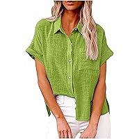 Womens Work Tops Solid Linen Button Down Shirts Plus Size Business Casual Blouses with Pockets Short Sleeve Tshirts