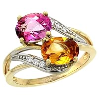 10K Yellow Gold Diamond Pink Topaz & Citrine 2-stone Ring Oval 8x6mm, sizes 5 - 10