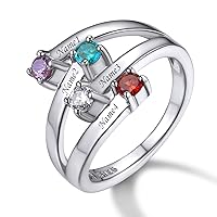Custom4U Personalized 1-4 Birthstones Family Rings Customized Gift for Promise/Wedding/Valentine's Day/Mother's Day Crystal Cubic Zirconia Stones Band Elegant Sterling Silver Ring Jewelry for Women