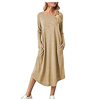 Casual Dresses for Women Fashion Solid Round Neck Long Sleeve Curved Hem Loose Long Dress with Pockets