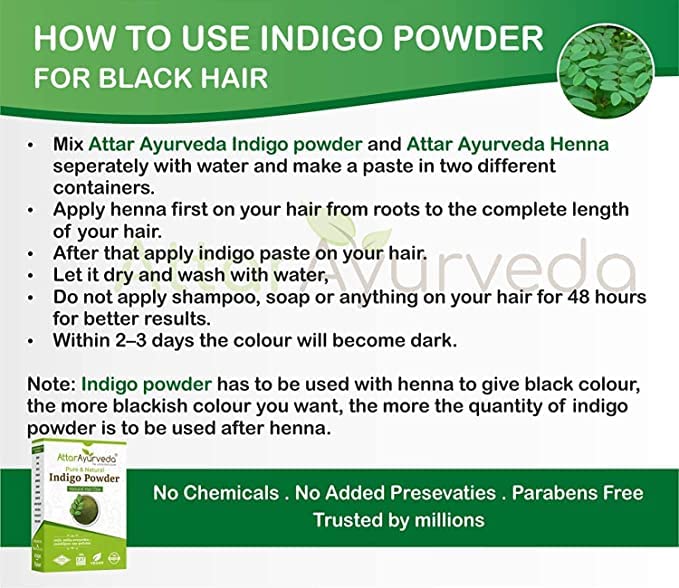MIYUU Attar Ayurveda Natural Dye for Black Hair (Henna Leaves Powder, Indigo Leaves Powder Combo Pack) on