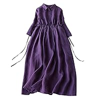 Womens Linen Summer Dresses Lapel Button Long Dress 2023 Casual Half Sleeve Sum Dress Flowy Maxi Dresses for Women