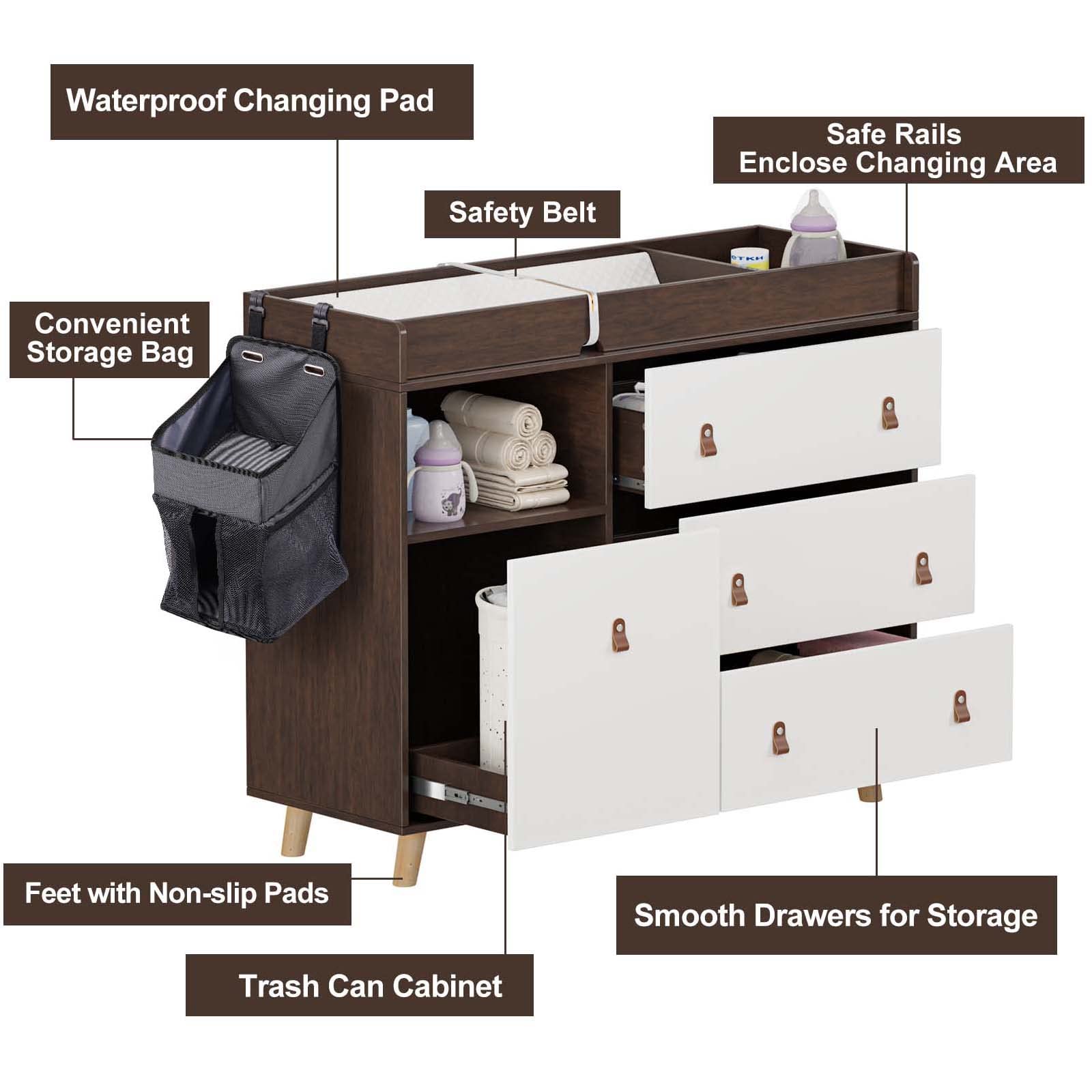 BANIROMAY Baby Changing Table Dresser with Drawers, Baby Nursery Dresser with Waterproof Changing Diaper Pad, Safety Belt and Hidden Trash Storage (Walnut)
