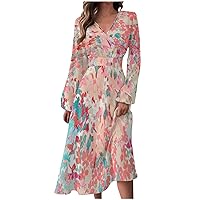 Fall Dress for Women Women's Casual Fashion V-Neck Long Sleeve Elegant Floral Print V Neck Midi Dress