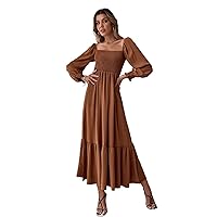 Dresses for Women 2024 Square Neck Shirred Ruffle Hem A Line Long Dress (Color : Brown, Size : Large)