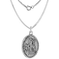 Sterling Silver St Blaise Medal Necklace Oxidized finish Oval 1.8mm Chain
