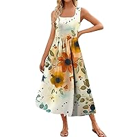 Summer Dresses for Women 2024 Sleeveless Independence Day Printed Dress Square Collar Tank Sundresses with Pockets