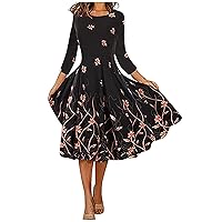 Women's Casual Floral Print Wavy V-Neck Button 3/4 Sleeve Spring Autumn Dress